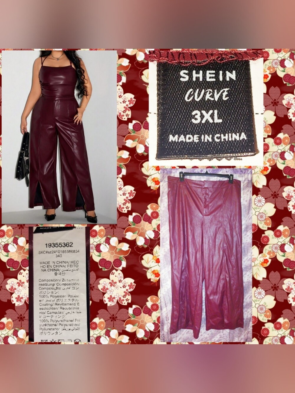 Shein Curve brand Burgundy Front Slit PU Leather Straight Leg Pants Sz 3XL